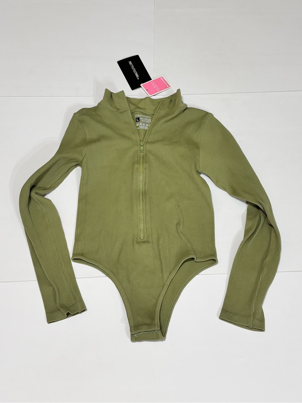PrettyLittleThing Olive Ribbed Zip-Up Bodysuit